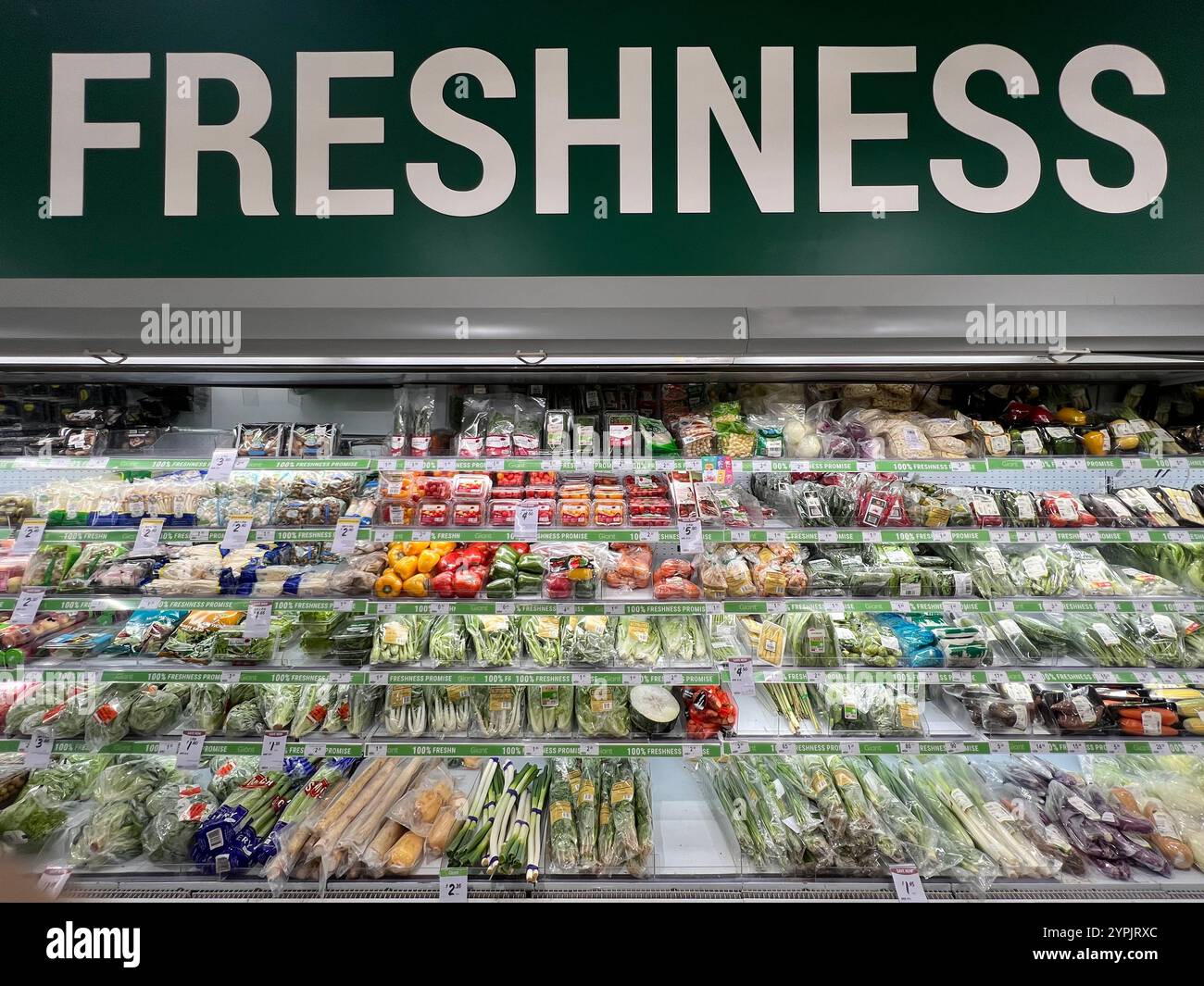 Large wording Freshness. Fresh vegetable layout on shelves in the supermarket for the customer to select. Bright lighting to see clearly.  Singapore. - Smartphone Captured Stock Image