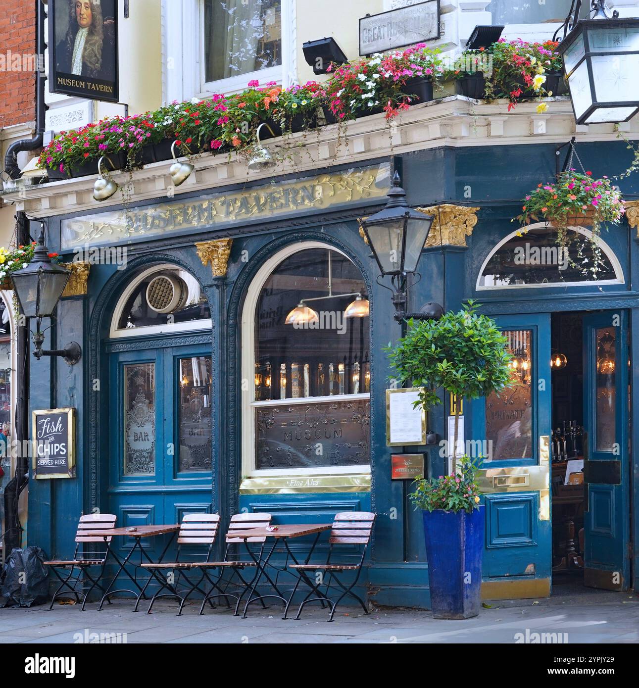 London, UK - Sept. 20, 2024:  Exterior of pub with floral decorations in Bloomsbury area of London near the British Museum Stock Photo