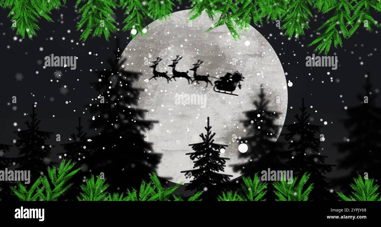 Image of snow falling over santa claus in sleigh and winter scenery ...