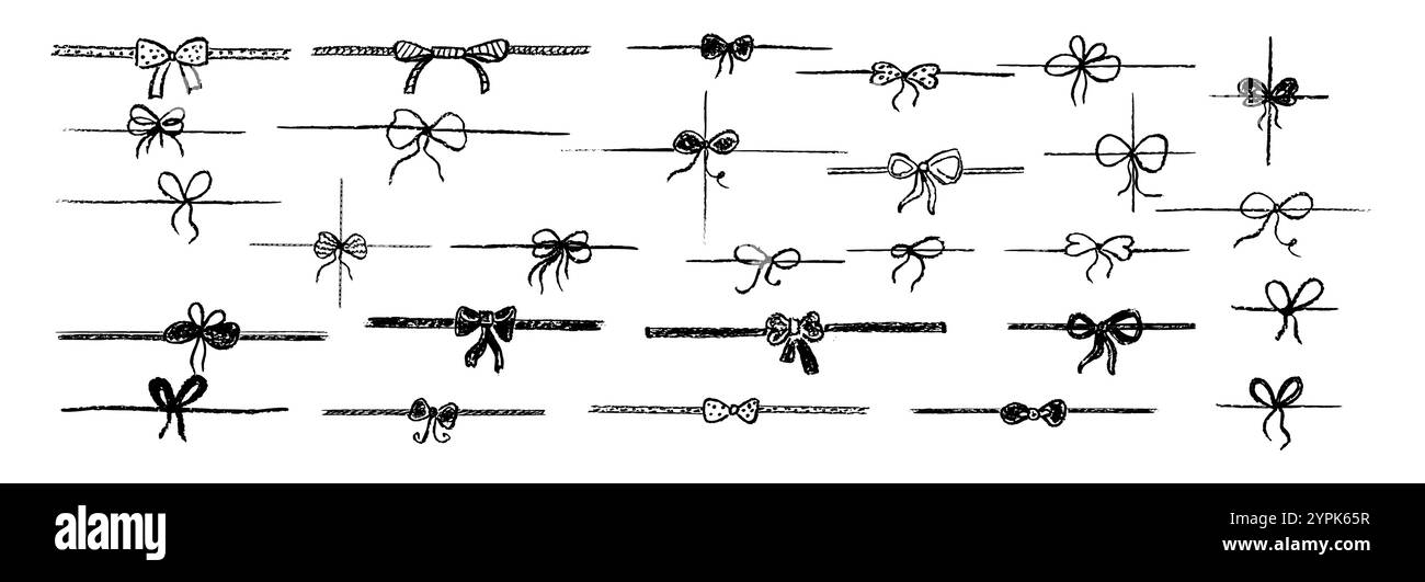 Set of doodle gift ribbon bow. Simple line elements collection drawing ...