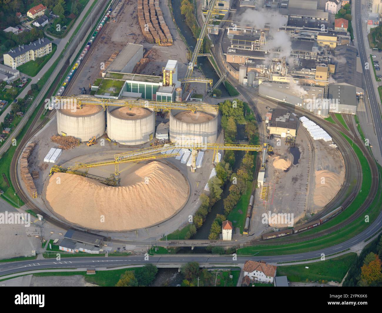 AERIAL VIEW. Wood processing plant for the production of packaging. Wolfsberg, Carinthia, Austria. Stock Photo