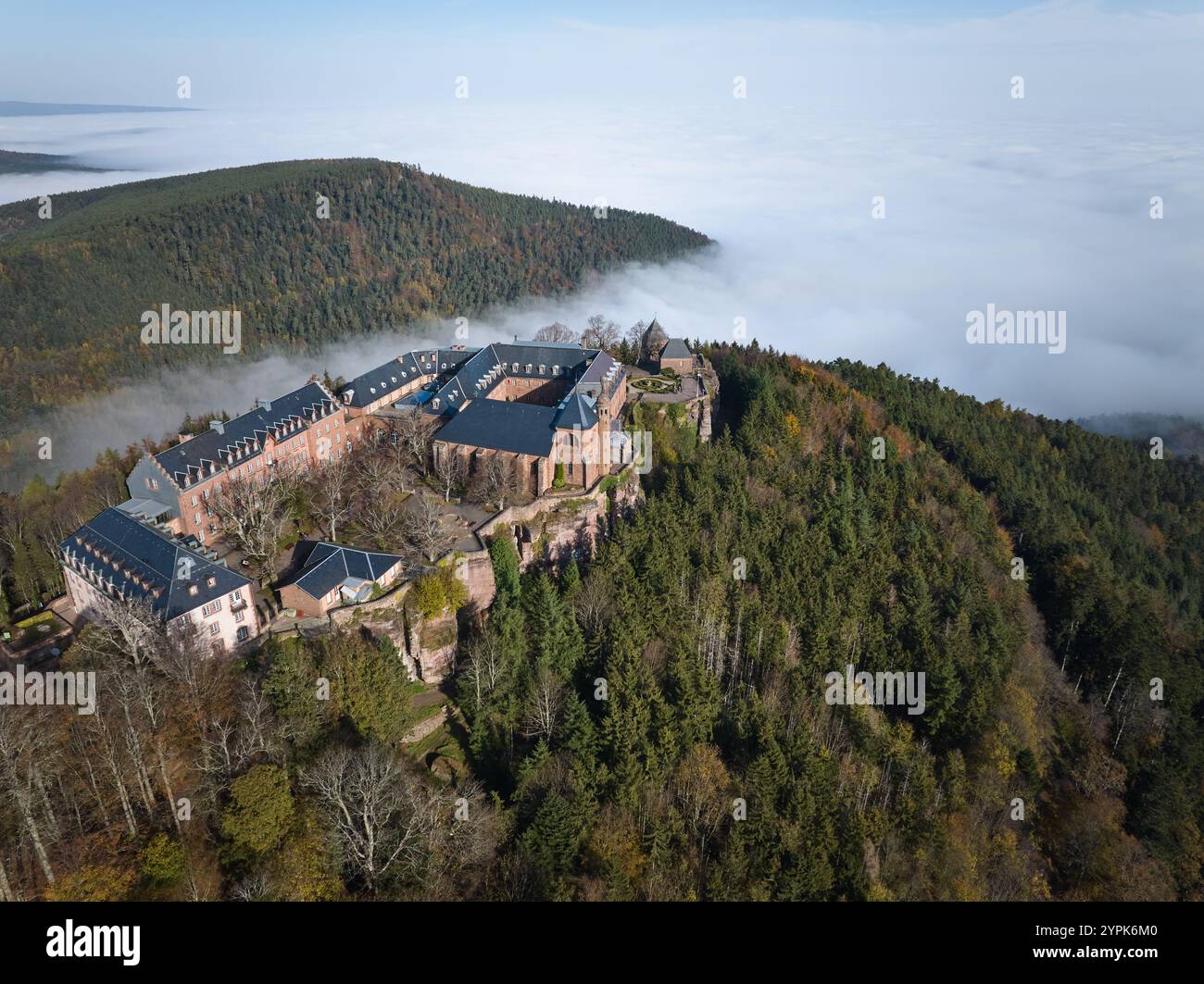 AERIAL VIEW. Mont-Sainte-Odile Abbey (aka Hohenbourg Abbey) on a mountaintop in the Eastern Vosges Mountains. Ottrott, Bas-Rhin, Alsace, France. Stock Photo