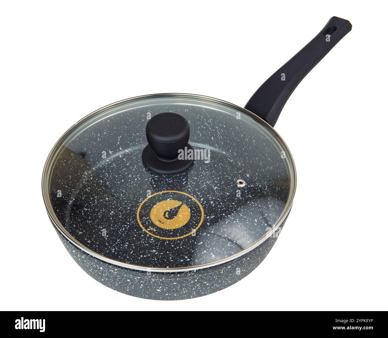 Empty black frying pan with non-stick lid on isolated background Stock Photo