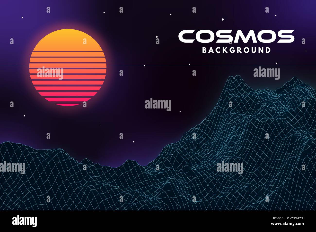 Cosmos background with sun, mountains in retro style. Vector illustration. Futuristic retro neon landscape. Virtual 3d landscape with Glow. Stock Vector