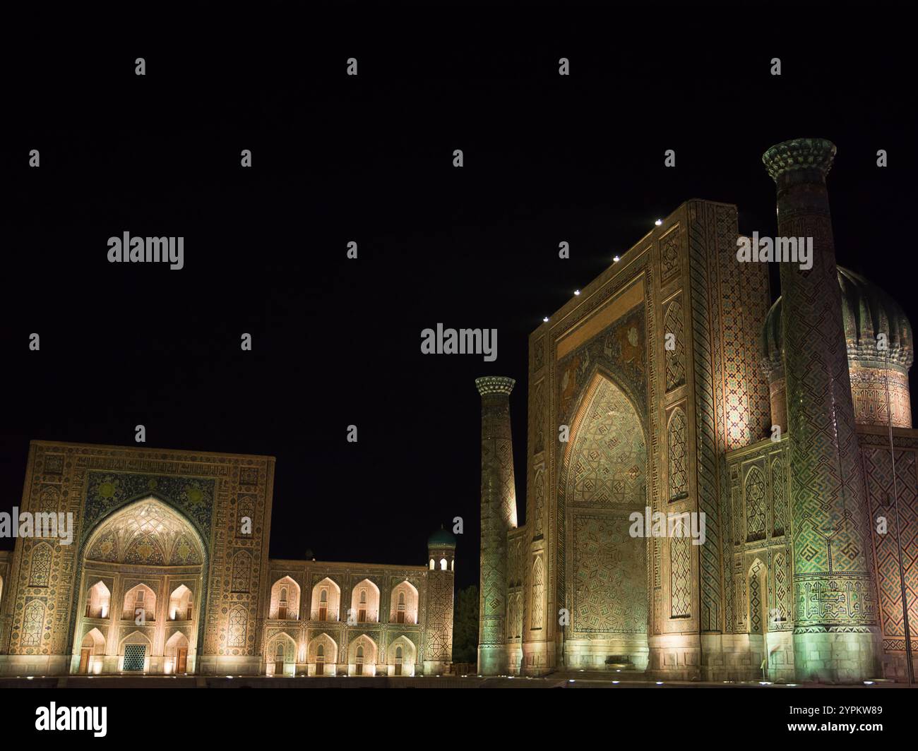 Registan at night illuminated by lights Stock Photo