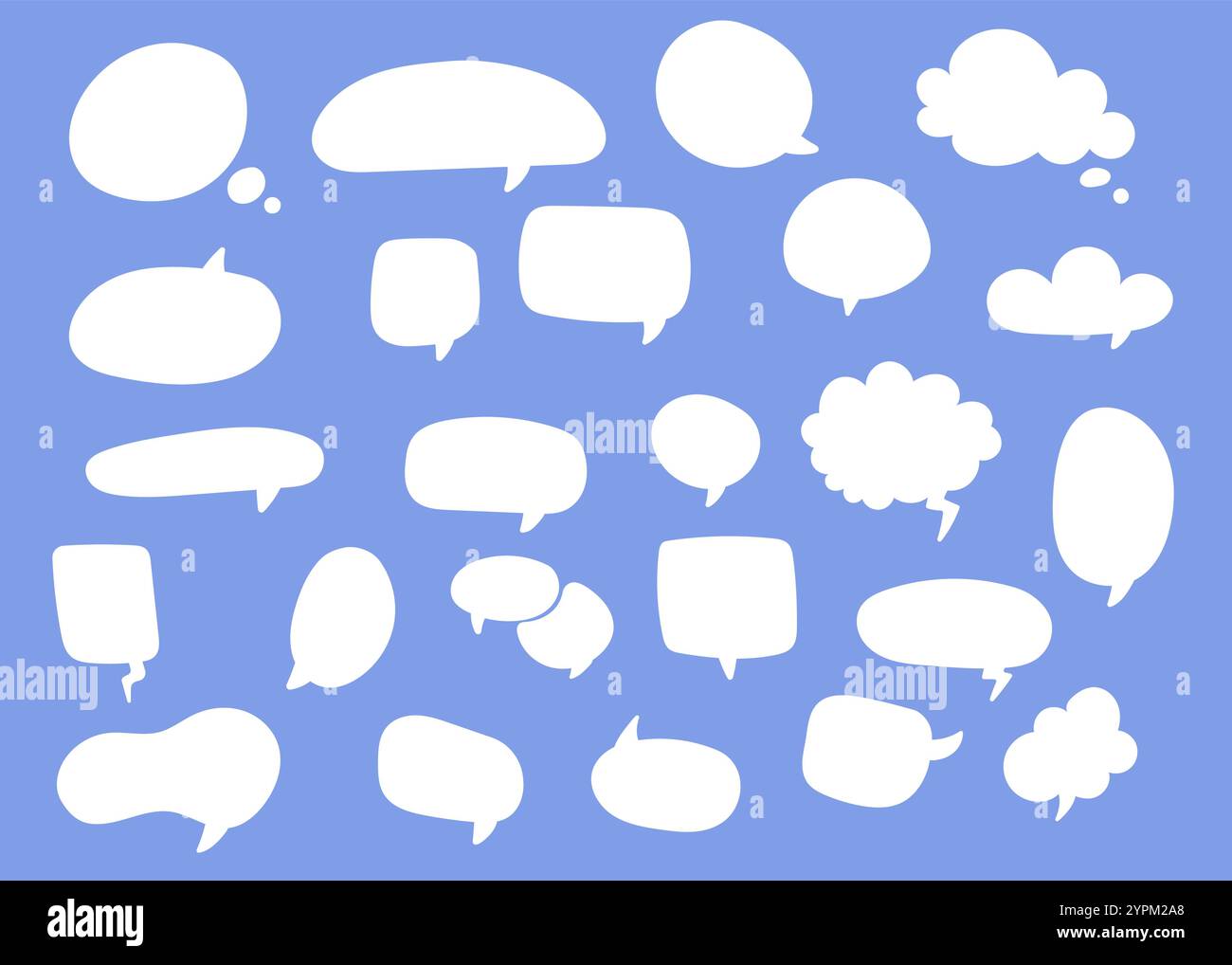 Speech bubbles set. Blank simple vector white speech bubbles on blue background. Hand drawn Stock Vector