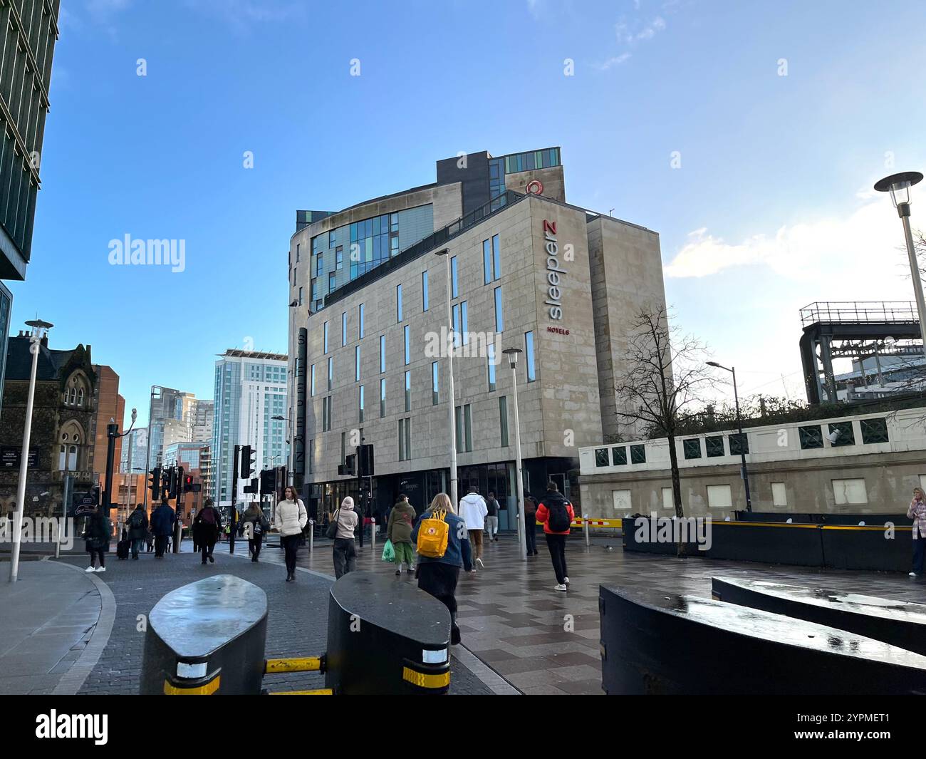 Selection of hotels near Cardiff Central Station, including Sleeperz, Clayton, and Radisson Blu in the distance. 26th November 2024. - Smartphone Captured Stock Image
