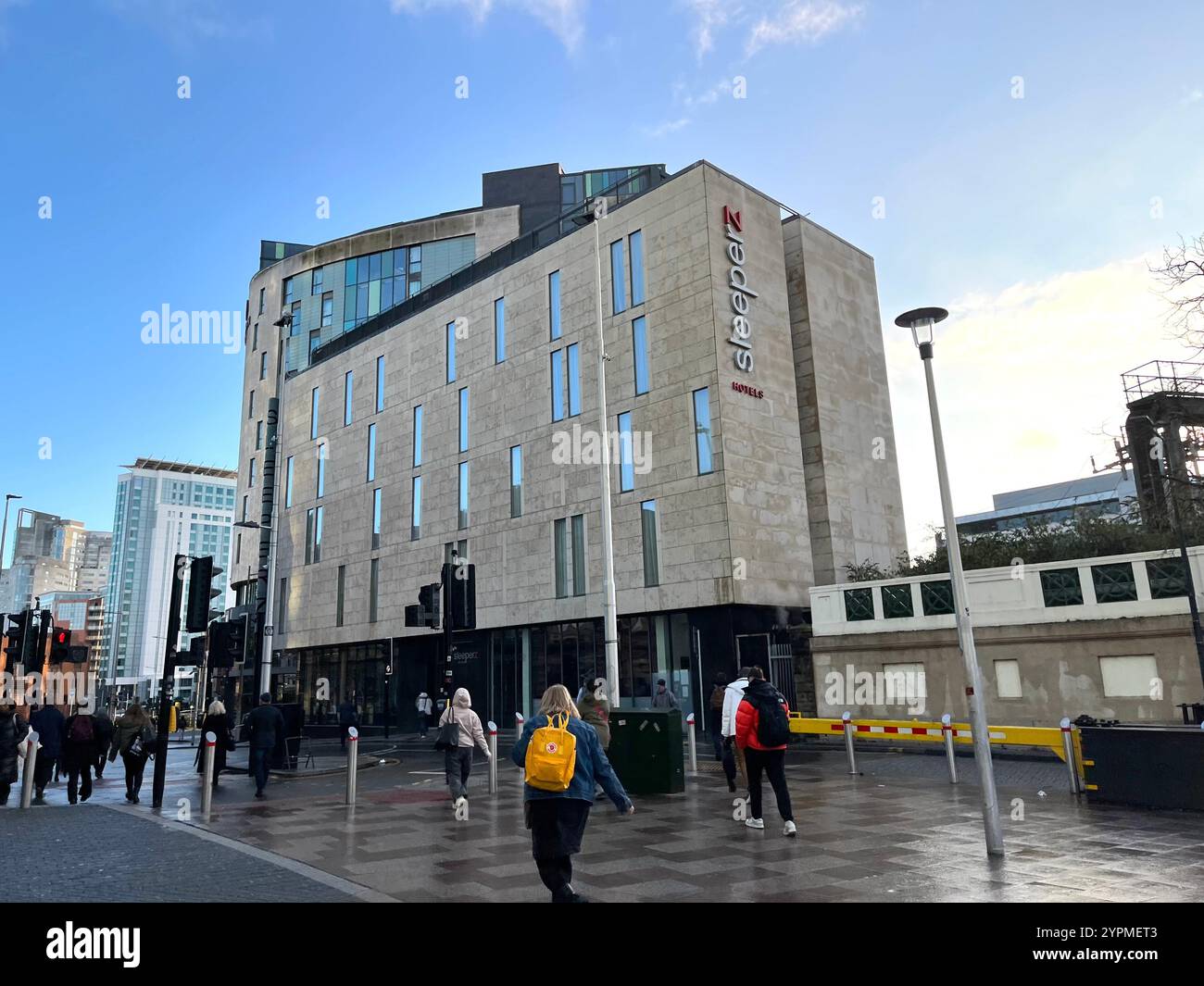 Selection of hotels near Cardiff Central Station, including Sleeperz, Clayton, and Radisson Blu in the distance. 26th November 2024. - Smartphone Captured Stock Image
