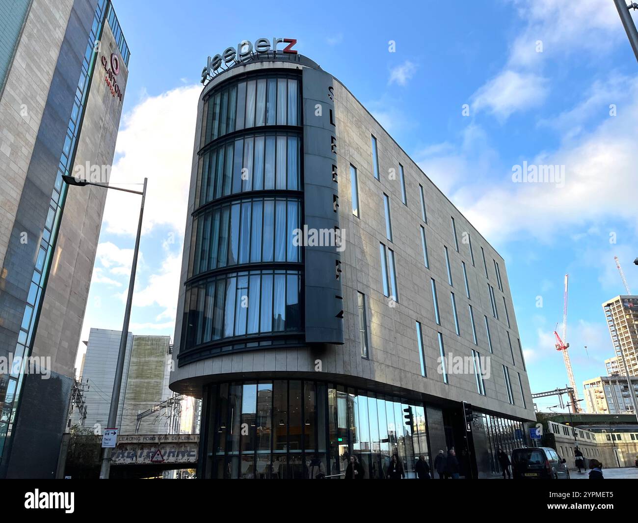 Sleeperz Hotel near Cardiff Central Railway Station. Cardiff, Wales, United Kingdom. 26th November 2024. - Smartphone Captured Stock Image