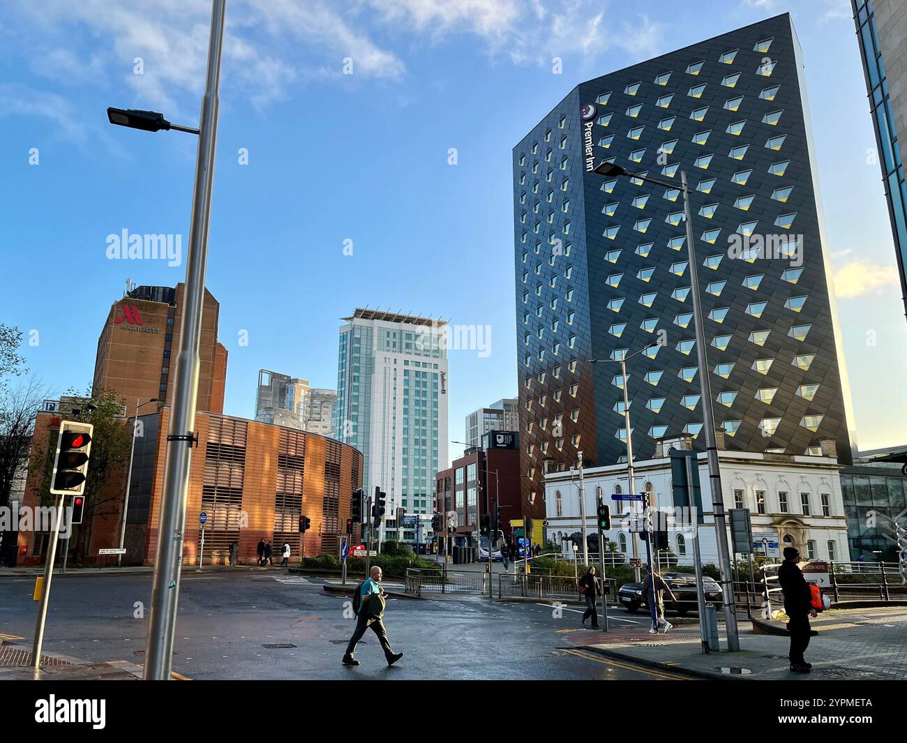 A view of the hotels in Cardiff City Centre, including Marriott, Radisson Blu, and Premier Inn. Cardiff, Wales, United Kingdom. 26th November 2024. - Smartphone Captured Stock Image