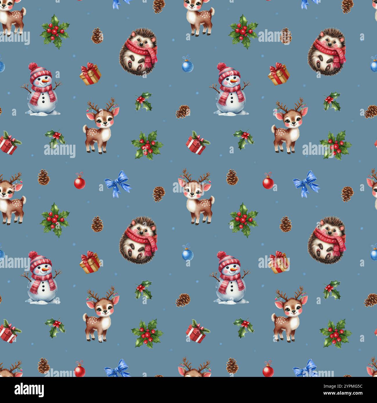 Christmas watercolor pattern. Seamless Christmas pattern with cheerful snowman, deer and hedgehog. Cute design for kids. Stock Photo