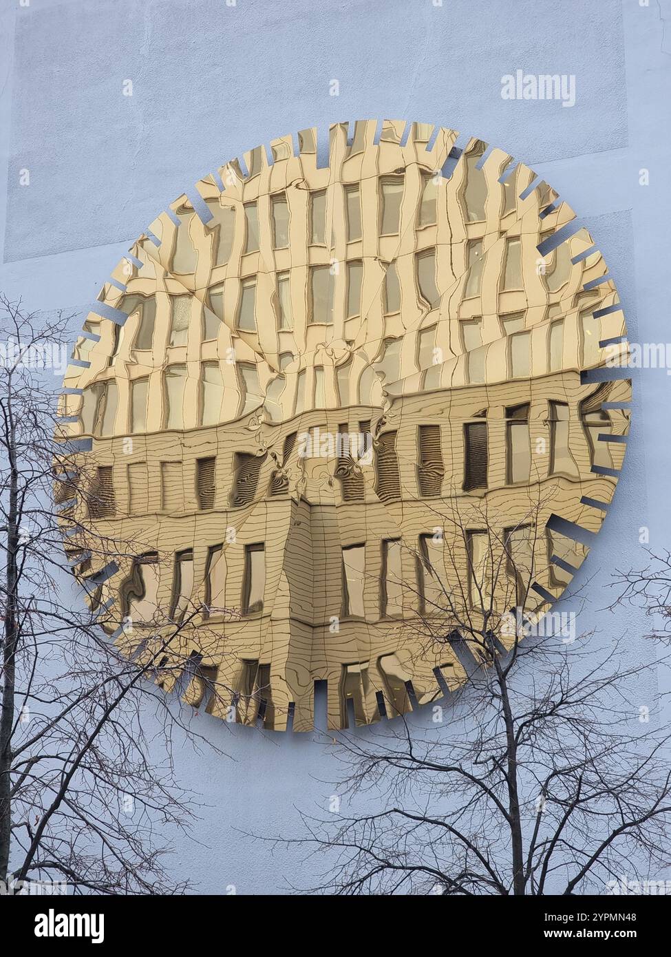 Artwork The Golden Hour by Renate Wolf in Berlin, Germany, mirroring the bed tower of the Charité - Smartphone Captured Stock Image