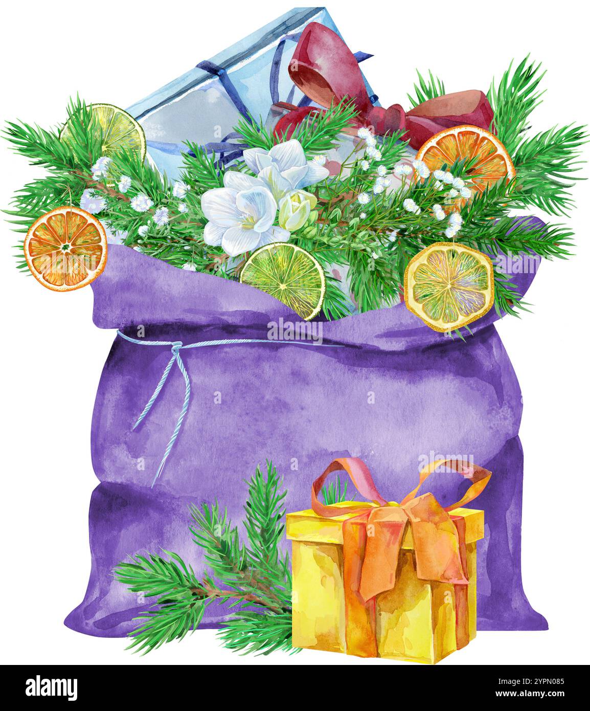 Full gift open Santa Claus red bag. Watercolor illustration Stock Photo ...