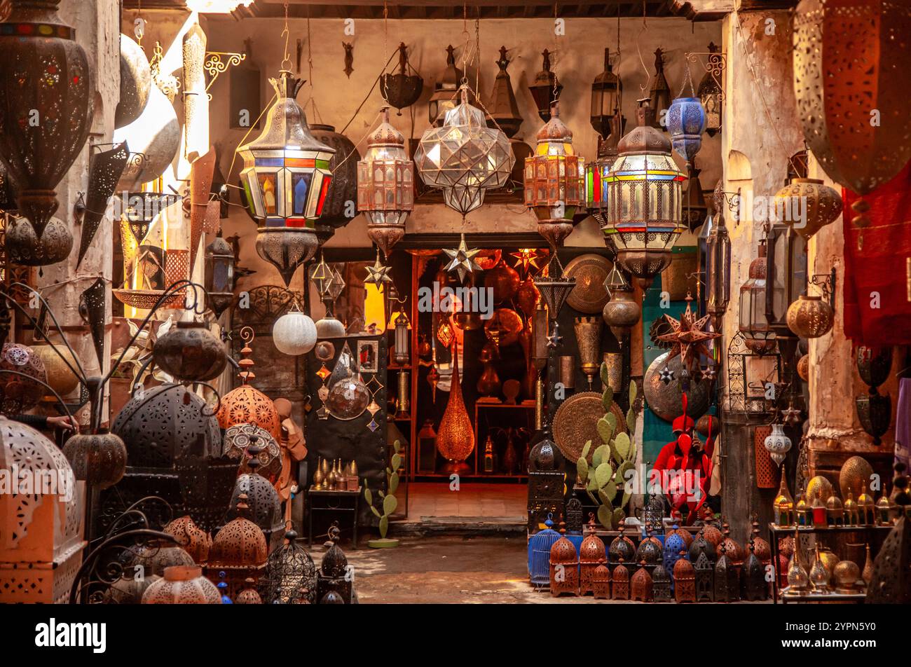 Traditional Lamp store in Marrakesh market souk, Morocco Stock Photo
