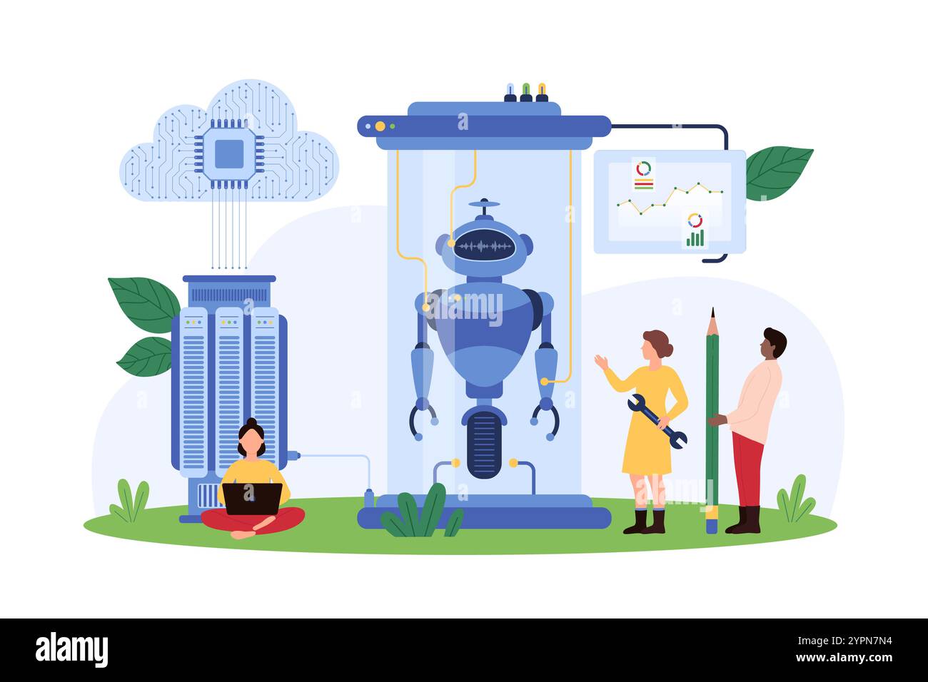 Automation of smart assistant creation, AI development, machine learning. Tiny people assembly, repair and control futuristic tech laboratory equipment with robot inside cartoon vector illustration Stock Vector