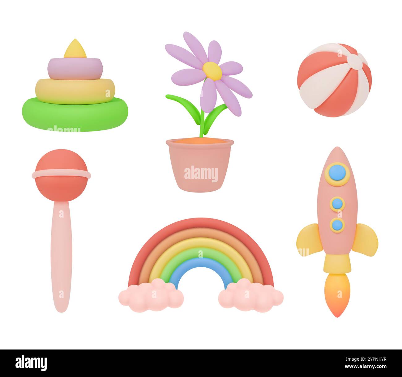 3D kids icons. Children toys. Color pyramid. Cute plant in flowerpot. Playing ball. Babies plastic rattle. Pastel colors rainbow with sky clouds. Rock Stock Vector
