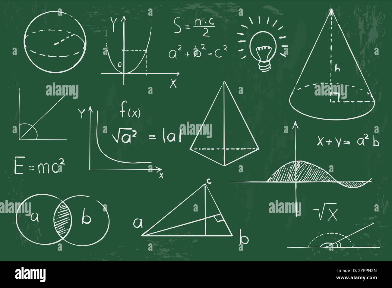 Math geometry graph and shapes on blackboard background. Set science ...