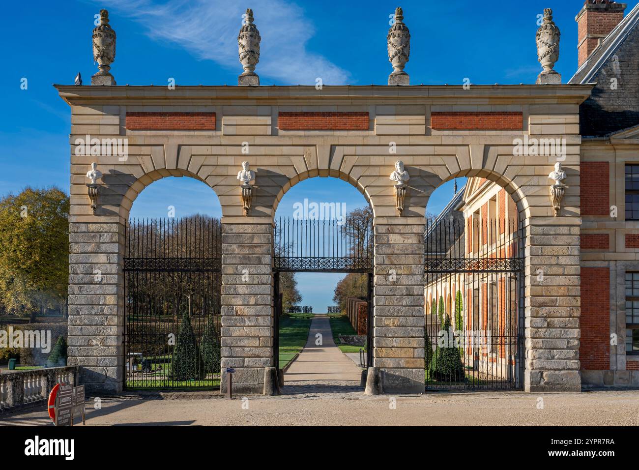 Maincy, France - 11 29 2024: Le Grand Noël. View details of an outside portal of Vaux-le-Vicomte Castle and the garden Stock Photo