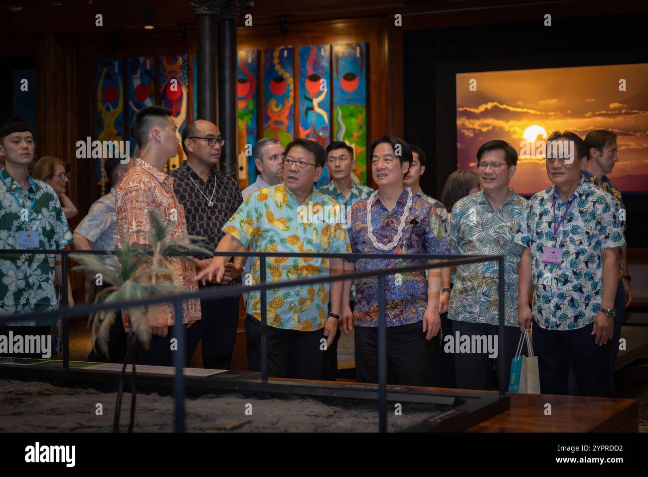Honolulu, United States. 30th Nov, 2024. Taiwan President Lai Ching-te, center, is given a tour of the Bishop Native Hawaiian Culture Museum, November 30, 2024 in Honolulu, Hawaii. Credit: Liu Shu Fu/Taiwan Presidential Office/Alamy Live News Stock Photo