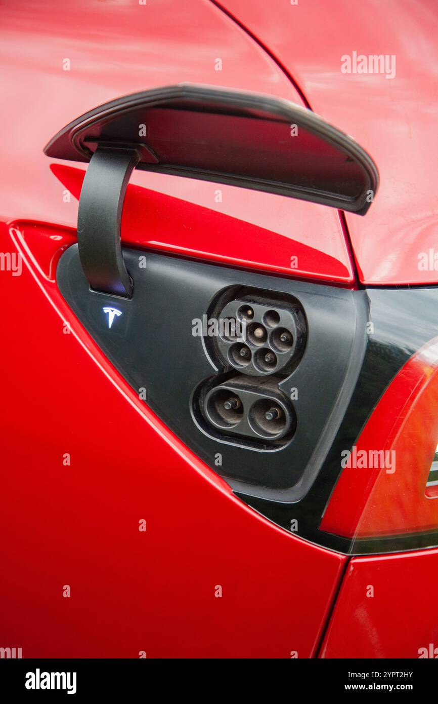 Charge port CSS of full electric Tesla Model 3 long range Stock Photo