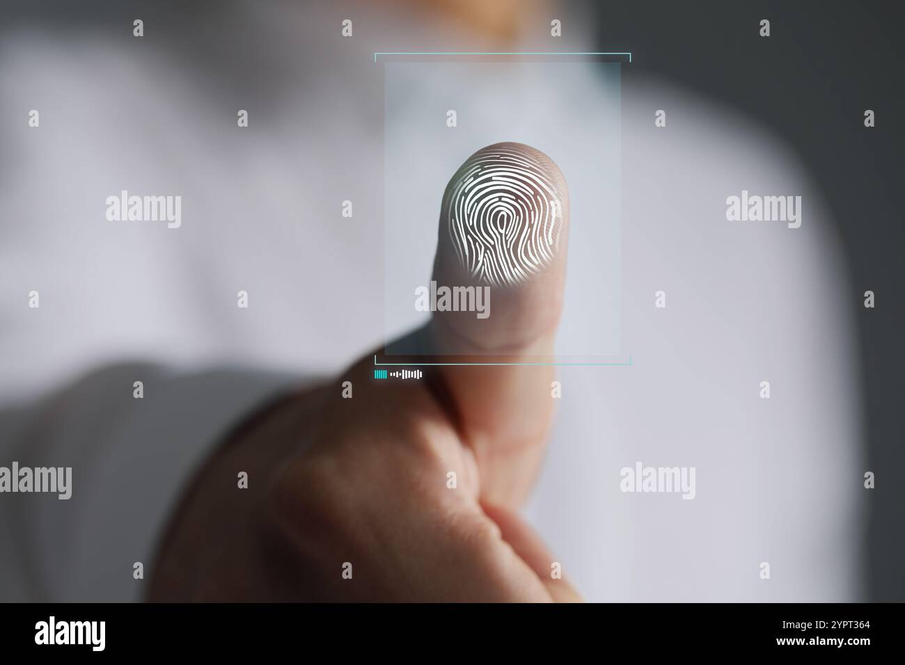 Man pressing finger to surface showing friction ridges pattern, closeup. Scanning fingerprint Stock Photo