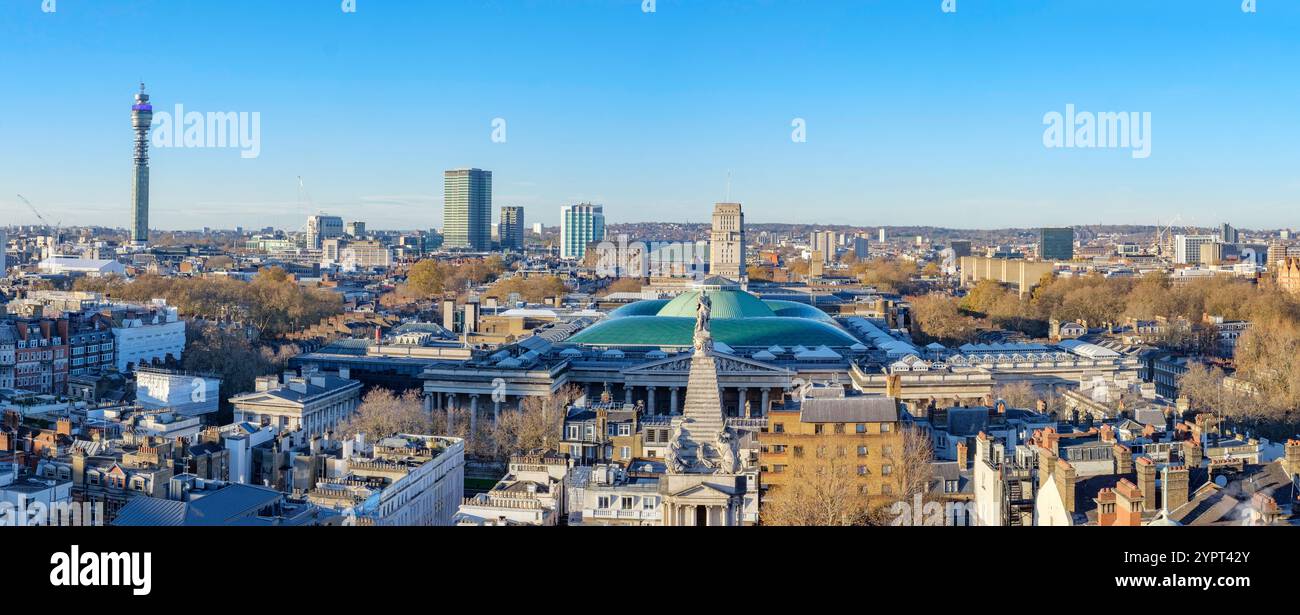 Panoramic view from roof terrace of The Post Building with St. George's Church Bloomsbury, British Museum, and BT Tower. Museum St, London. UK Stock Photo