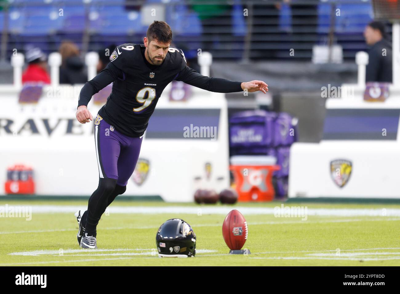 Baltimore, MD, USA. 1st Dec, 2024. Baltimore Ravens kicker Justin Tucker (9) warms up before a game against the Philadelphia Eagles at M&T Bank Stadium in Baltimore, MD. Photo/ Mike Buscher/Cal Sport Media/Alamy Live News Stock Photo