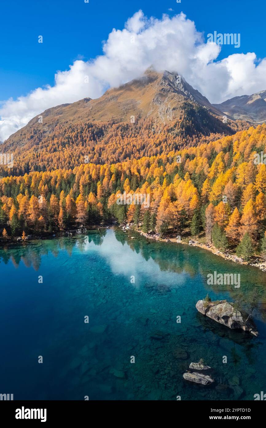 Aerial view of the Saoseo Lake in autumn. Poschiavo Valley, Canton of Graubuenden, Switzerland, Europe. Stock Photo