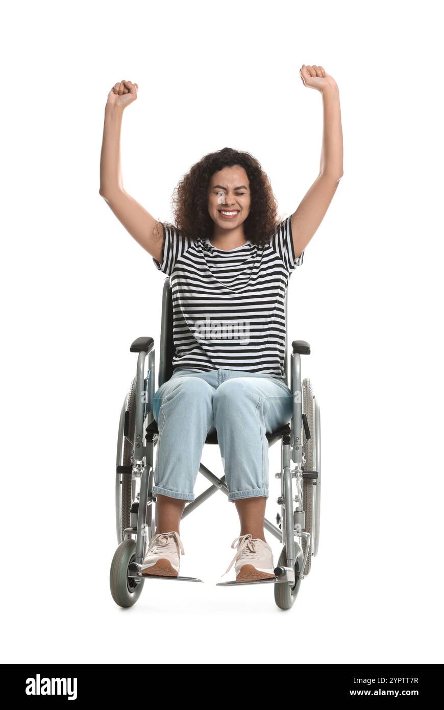 Happy woman in wheelchair on white background Stock Photo - Alamy