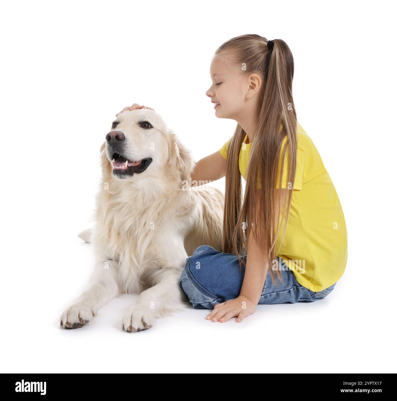 Girl with her cute Golden Retriever dog on white background Stock Photo ...