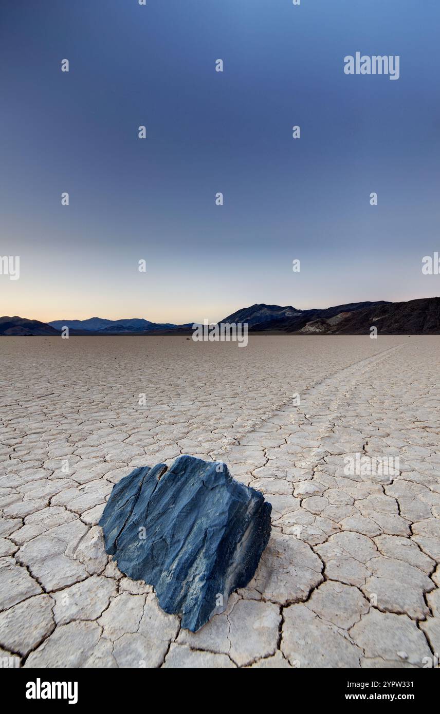 Moving rocks of Racetrack Playa, also known as the Sailing Rocks, the Sailing Stones, Sliding Rocks, Sliding Stones, Death Valley National Park Stock Photo