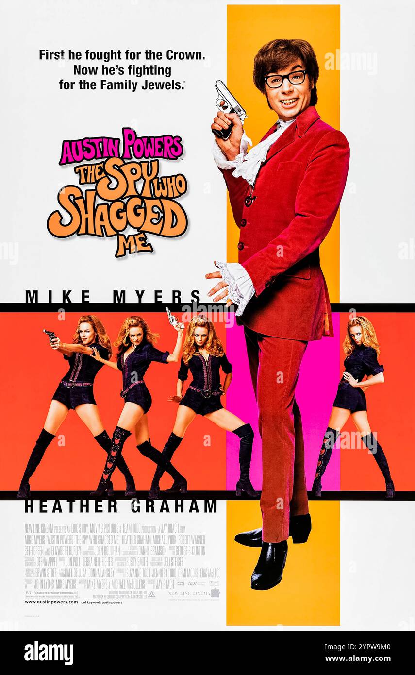 Austin Powers: The Spy Who Shagged Me (1999) directed by Jay Roach and starring Mike Myers, Heather Graham, and Michael York. In this groovy sequel, Austin Powers must travel back to 1969 to stop Dr. Evil from stealing his 'mojo' and taking over the world. Photograph of an original 1999 US one sheet poster EDITORIAL USE ONLY. Credit: BFA / New Line Cinema Stock Photo