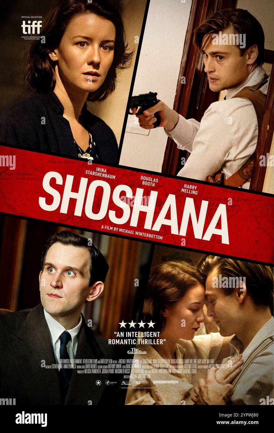 Shoshana (2023) directed by Michael Winterbottom and starring Douglas Booth, Irina Starshenbaum, and Harry Melling. Set in 1930s British Mandatory Palestine, two British police officers hunting for a Zionist freedom fighter become entangled in a tragic romance with the daughter of a socialist Zionist leader Avraham Stern. US one sheet poster EDITORIAL USE ONLY. Credit: BFA / Greenwich Entertainment Stock Photo