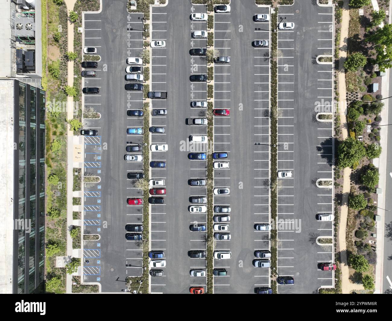 Open car parking lot viewed from above, aerial top view Stock Photo