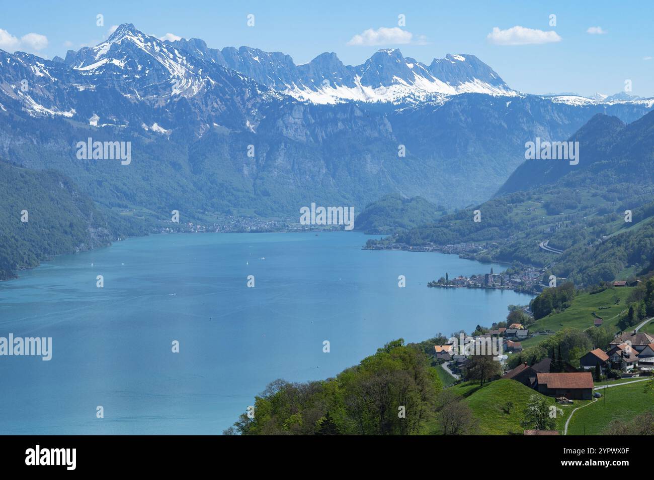 Walensee Spring View from Kerenzerberg, Switzerland, in spring. The famous lake ...
