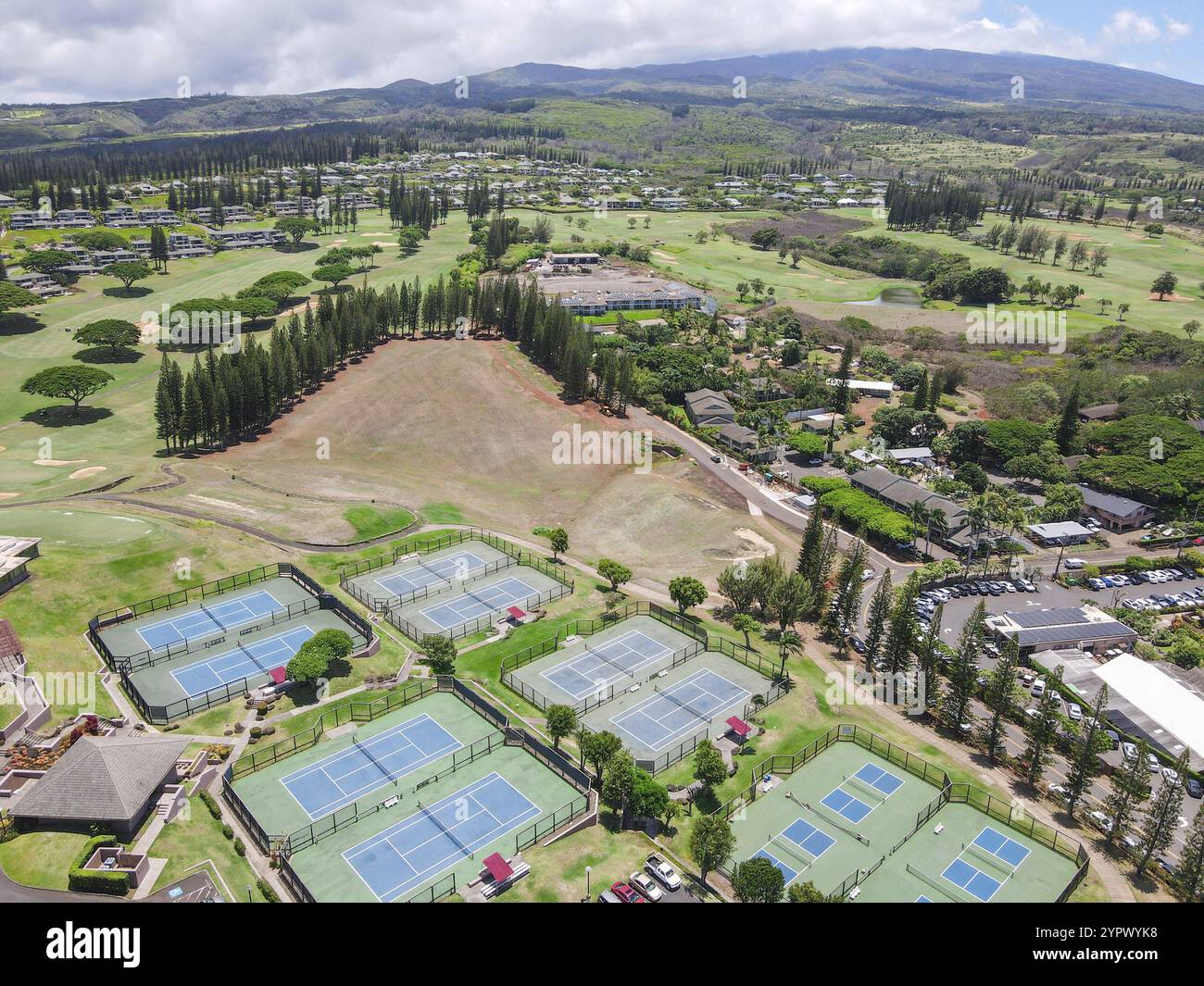 Aerial view of tennis court at the Kapalua coast in Maui, Hawaii, USA ...