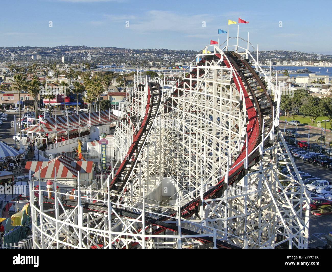 Aerial view of iconic Giant Dipper roller coaster in Belmont Park, an