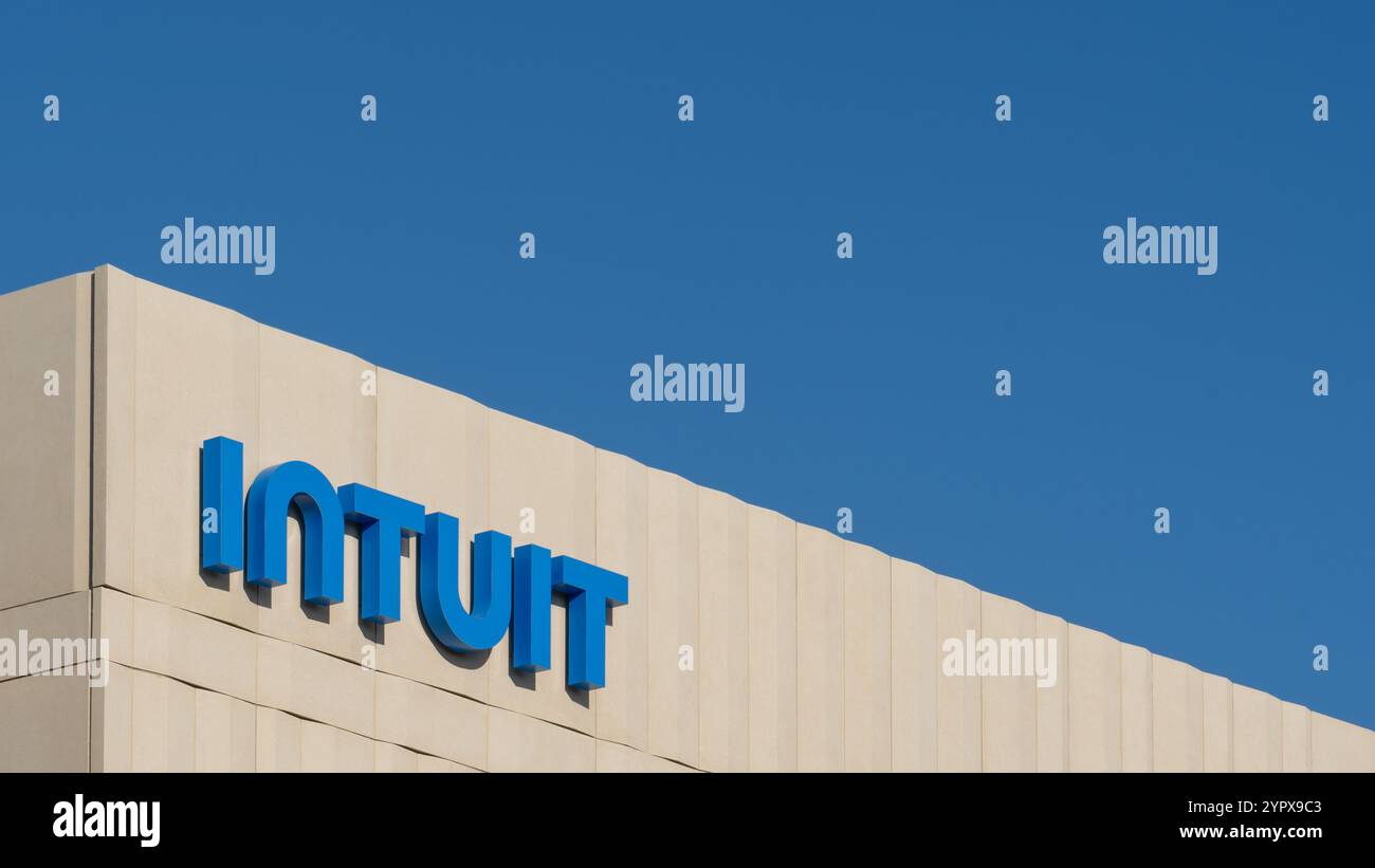 Close up of Intuit sign on the building at its headquarters in Mountain View, California. Stock Photo