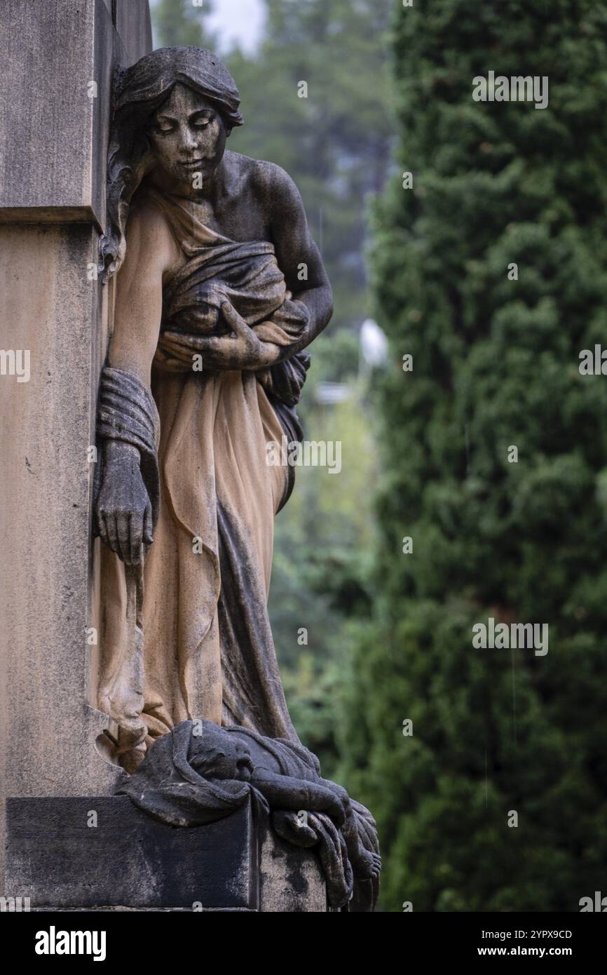 Sculptural set of the memorial tomb owned by the Rullan Pastor family, Soller cemetery, Mallorca, Balearic Islands, Spain, Europe Stock Photo