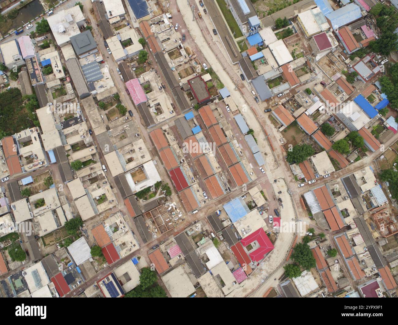 Aerial view top view of small village with little courtyard and farm style house in the country side area of Huaibei next the mountain, China, Asia Stock Photo
