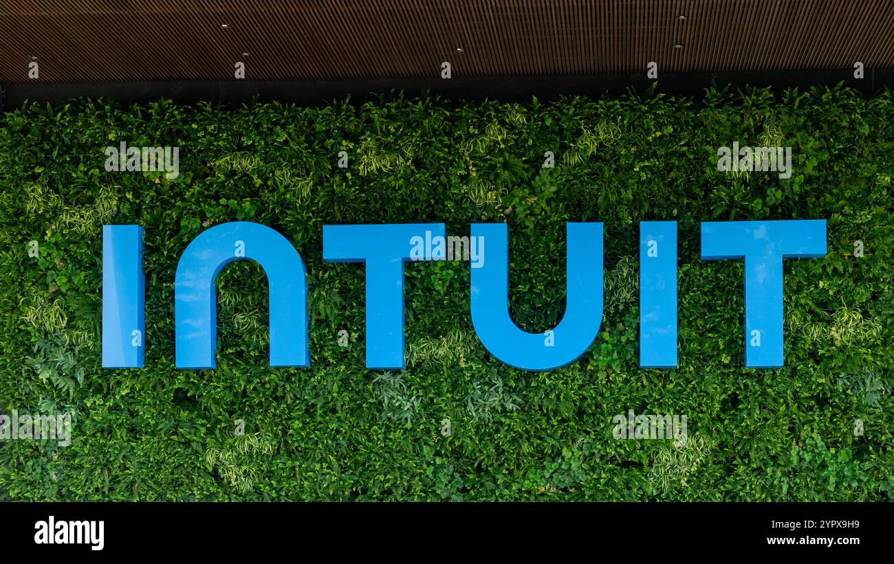 Close up of Intuit sign on the building at its headquarters in Mountain View, California. Stock Photo