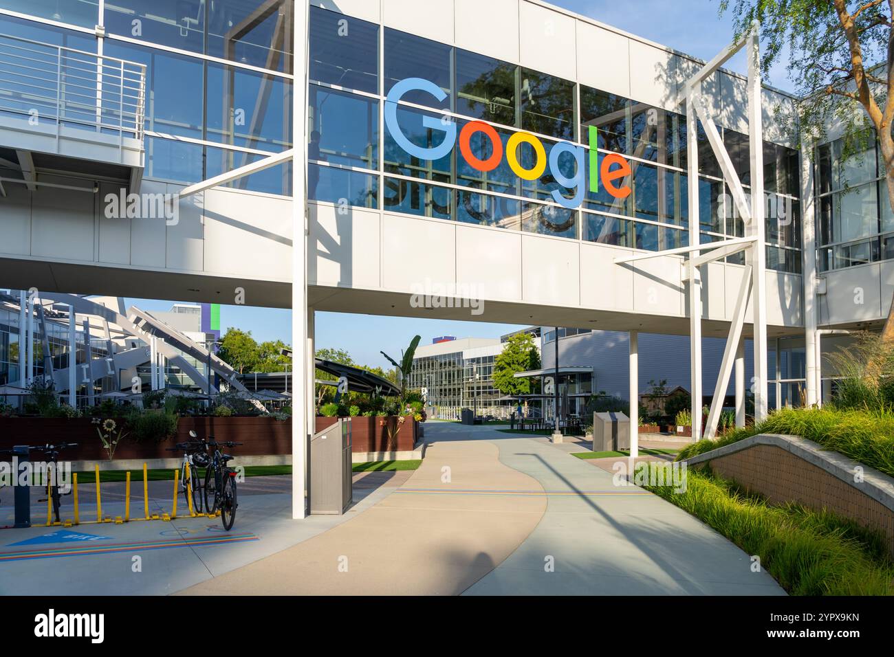 Google  logo sign on the building in Mountain View, California, USA Stock Photo