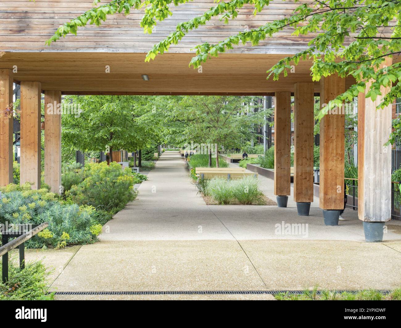 Hallo Pajol is an example of innovative architecture in Paris, France, offering attractive urban green spaces covered by a big roof used for solar ele Stock Photo