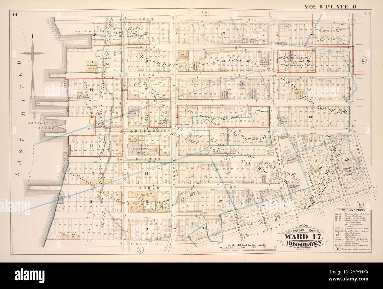 Map bound by Huron St., Oakland St., Calyer St., East River; Including India St., Java St., Kent St., Green Point St., Milton St., Noble St., Oak St., West St., Franklin St., Guernsey St., Lorimer St., Manhattan Ave., Leonard St., Eckford St., Vol. 6. Plate, B. 1880 Stock Photo