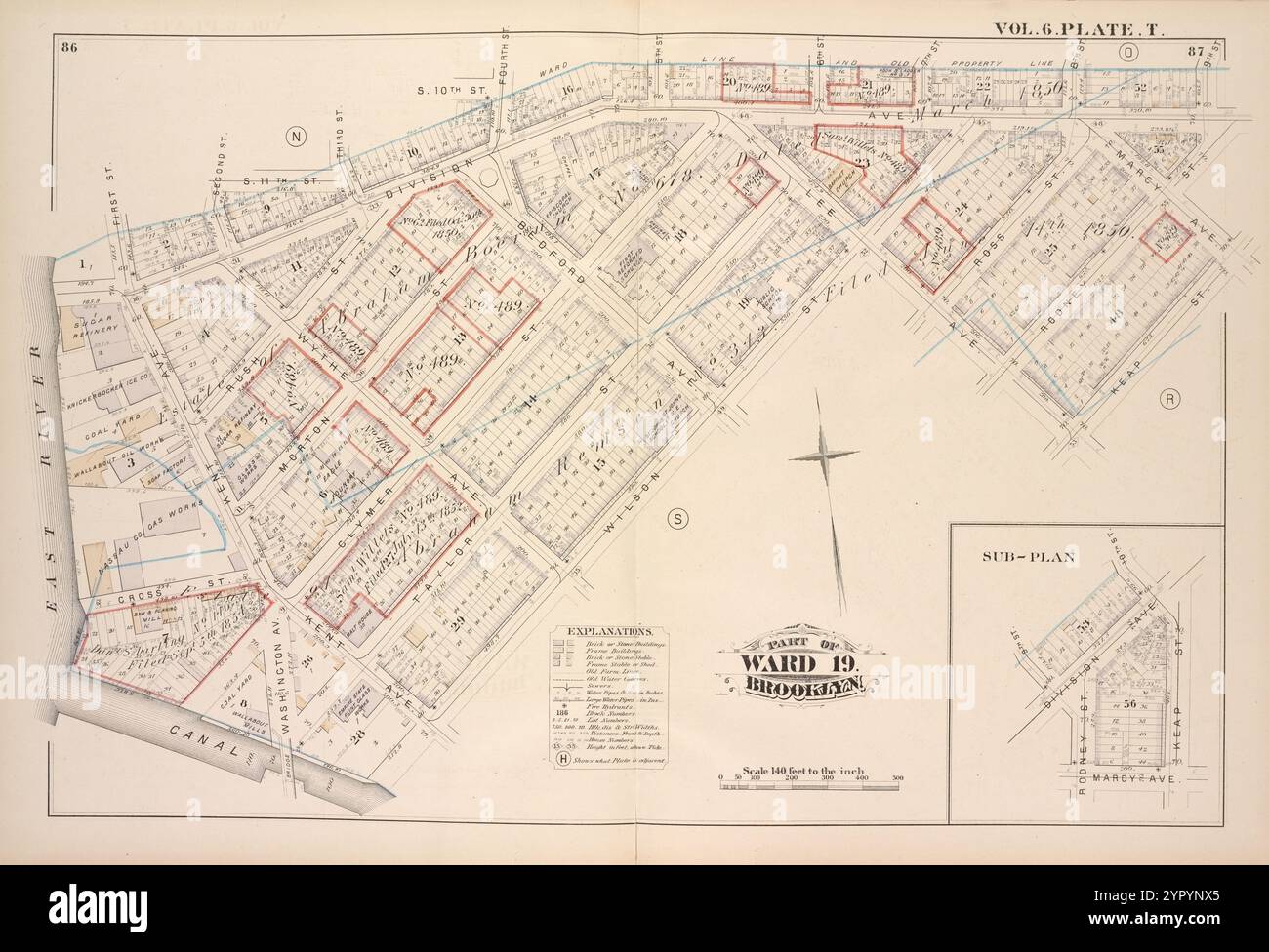 Map bound by First St., Second St., S.11th St., Third St., S.10th St., Fourth St., 5th St., 6th St., 7th St., 8th St., 9th St., Rodney St., Marcy Ave., Keap St., Lee Ave., Wilson St., Canal, East River; Including Division Ave., Rush St., Morton St., Clymer St., Taylor St., Ross St., Kent Ave., Washington Ave., Wythe Ave., Bedford Ave., Vol. 6. Plate, T. 1880 Stock Photo