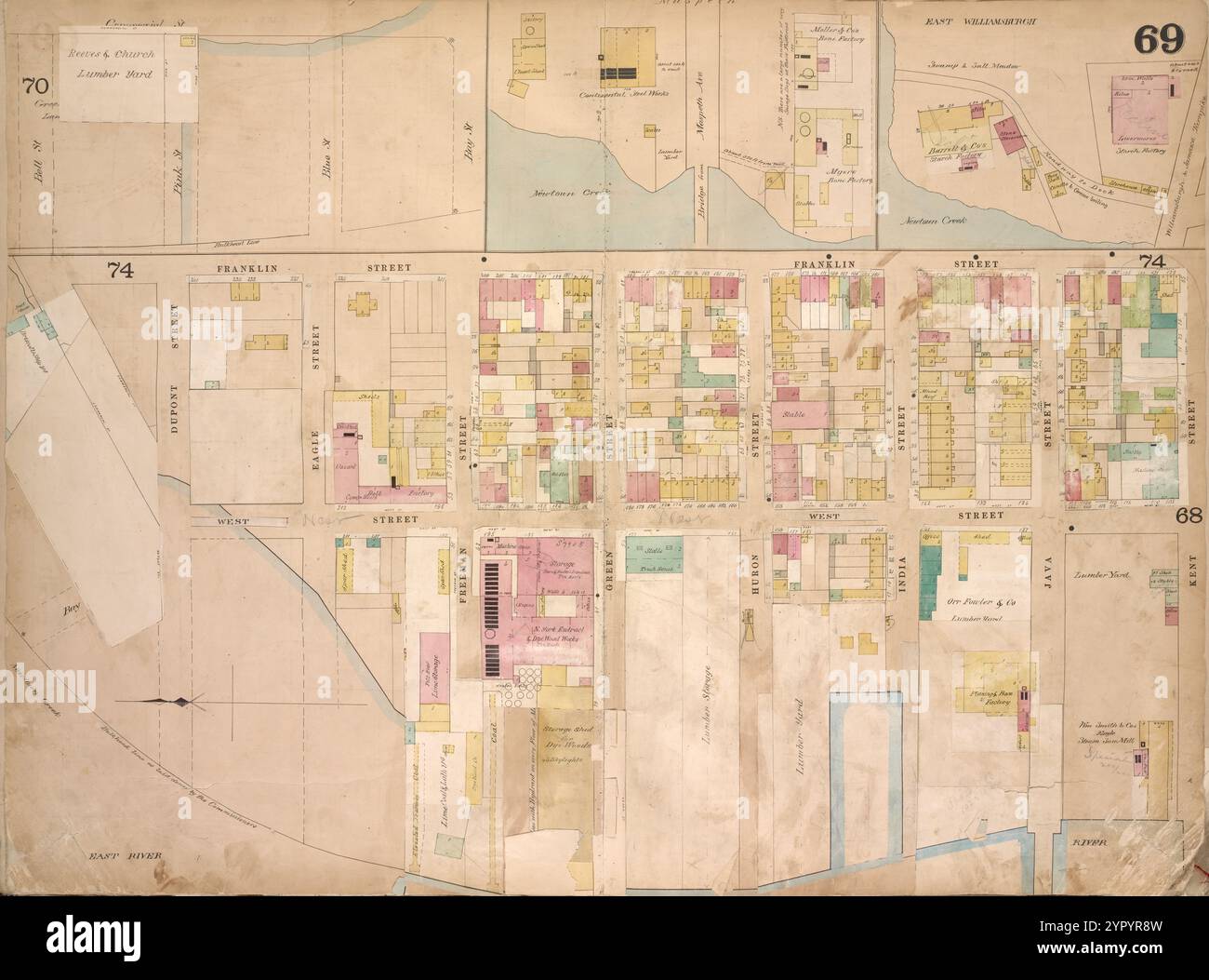 Brooklyn, Vol. 4, Double Page Plate No. 69; [Map bounded by Bell St., Pink St., Blue St., Bay St., Maspeth Ave., East Williamsburgh, Newtown Creek, Franklyn St., Kent St.; Including East River Dupont St., Eagle St., Freeman St., West St., Green St., Huron St., India St., Java St.] 1868 by Higginson, J. H. (Publisher) Stock Photo