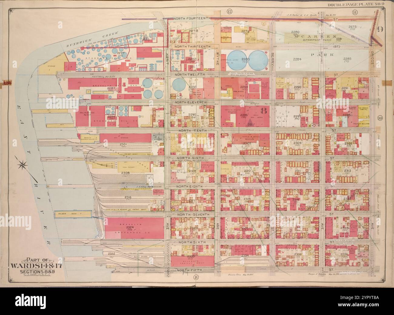 Brooklyn, Vol. 3, Double Page Plate No. 9; Part of Wards 14 & 17, Sections 8 & 9; [Map bounded by North Fourteenth St., Driggs Ave., North Fifth St., Including East River, Bushwick Greek] 1904 - 1912 by E.B. Hyde & Co. Stock Photo