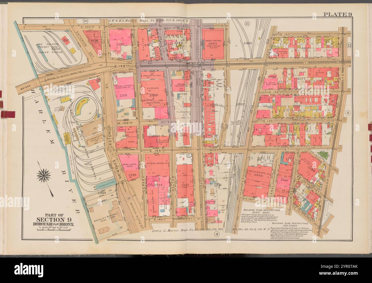 Double Page Plate 9, Part of Section 9, Borough of the Bronx: [Bounded by E. 150th Street, Anthony J. Griffin Place, E. 149th Street, Park Avenue, E. 150th Street, Morris Avenue, E. 141st Street, Park Avenue, E. 140th Street and (Harlem River) Exterior Street] 1942 - 1957 Stock Photo