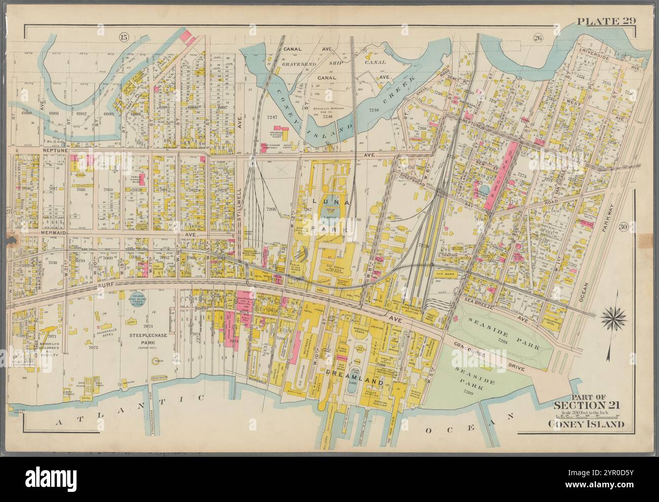 Coney Island. Bounded by Canal Avenue (Coney Island Creek), Shell Road, Dewey Place, W. 6th Street, Neptune Avenue, W. 3rd Street, Riverside Avenue, Ocean Parkway, Concourse Drive, (Dreamland & Steeplechase Park) Surf Avenue and W. 23rd Street, Plate 29 1907 by Bromley, George Washington Stock Photo