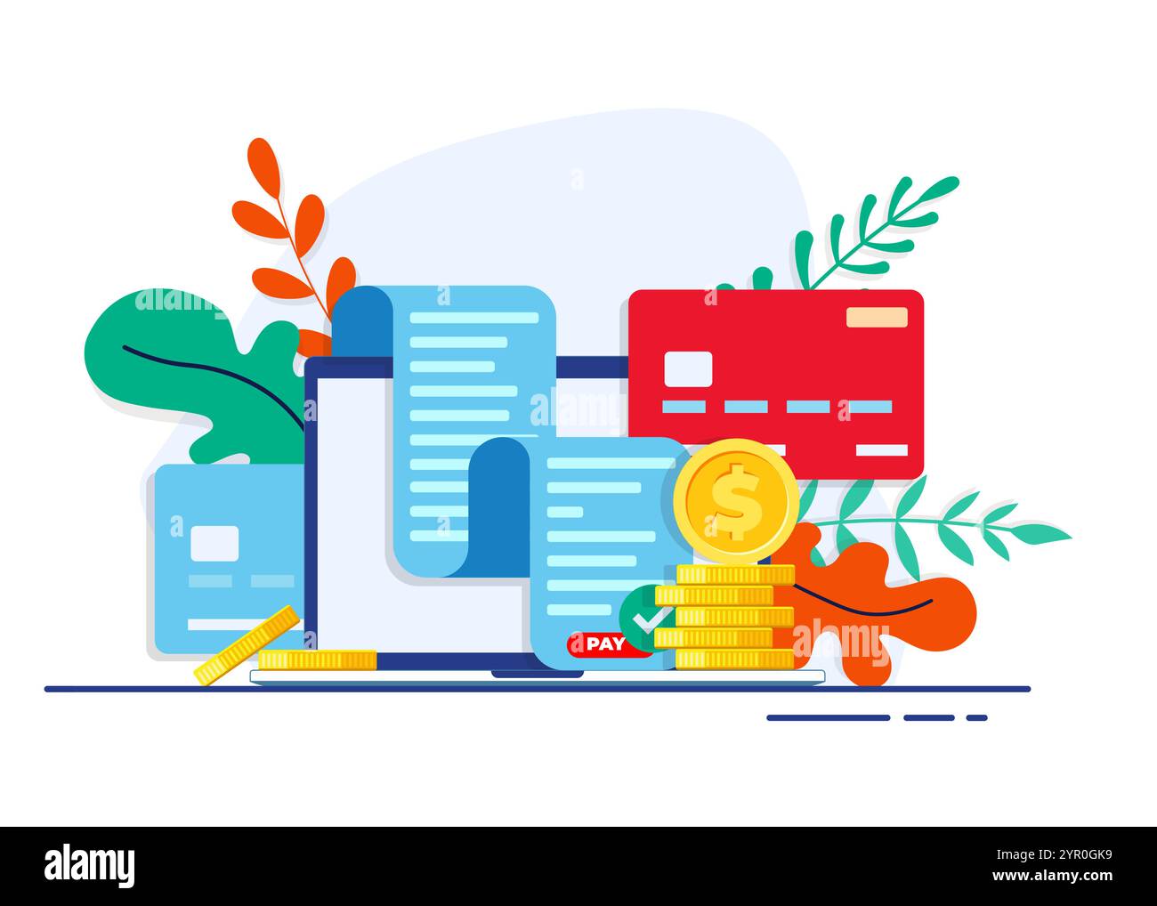 Electronic bill online payment on laptop computer screen with credit card flat illustration Stock Vector